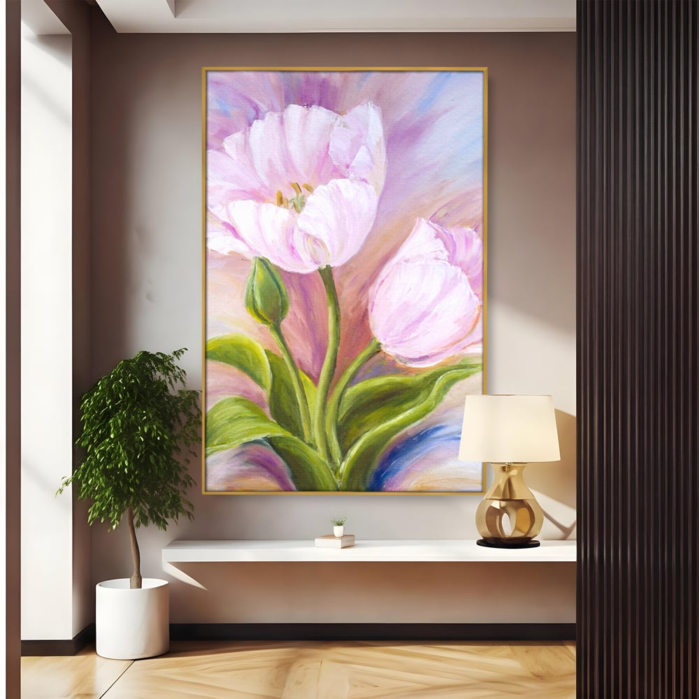 Tablou canvas cu tablou canvas cu lalele roz, in rama de aluminiu auriu